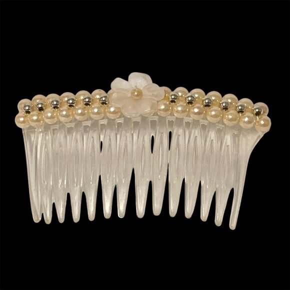 Vintage Cream White Pearl Beaded Flower Side Hair Comb 80s 90s Bridal Communion - Picture 2 of 11